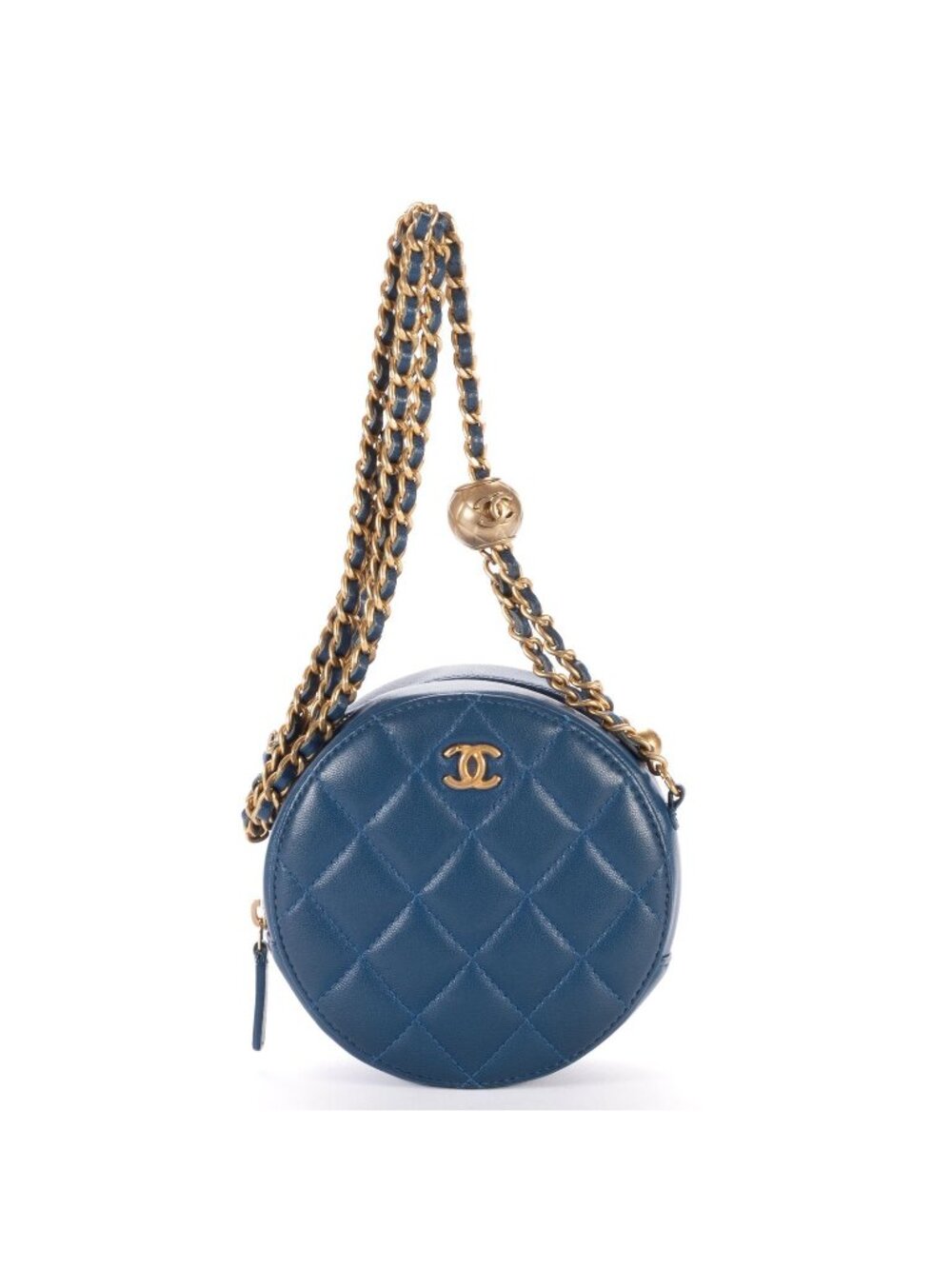 Chanel Pearl Crush Round Chain Clutch Blue Quilted Lambskin Leather